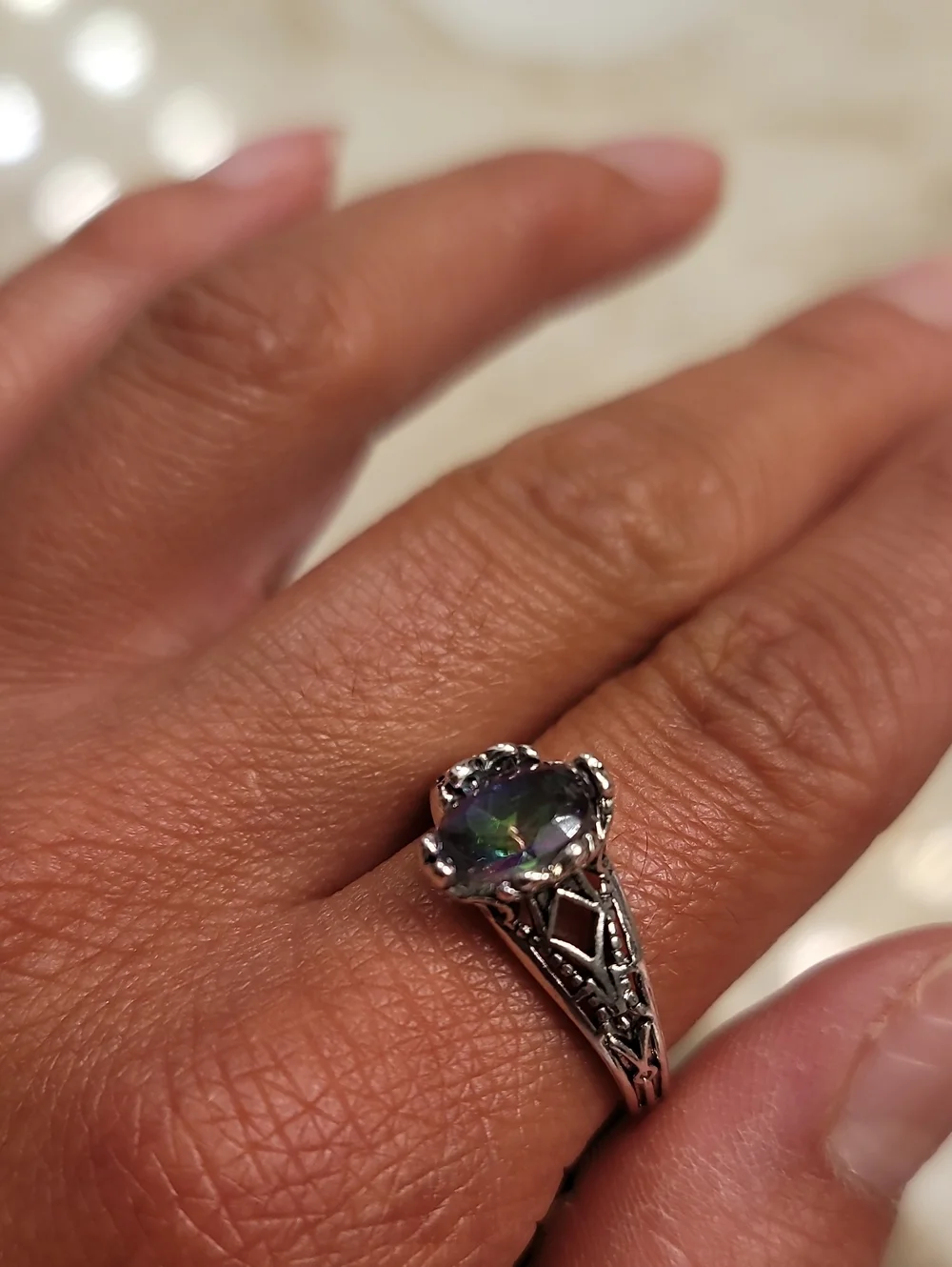 Stainless Steel Silver Plated Filigree Ring with Mystic Topaz/ Oil Spill Stone